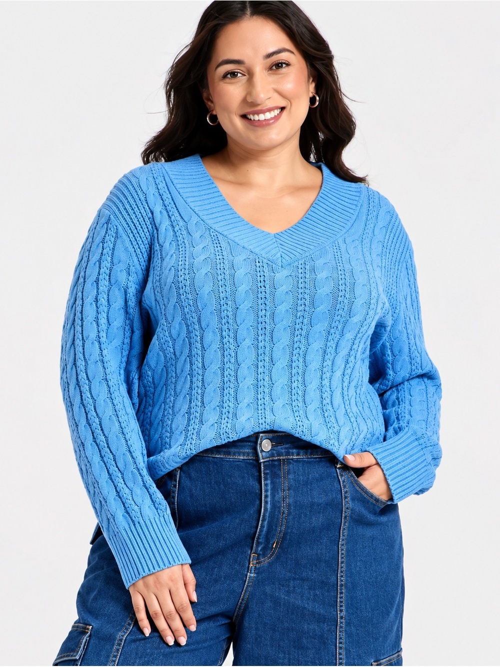 AVA & VIV Blue Cable Knit V-Neck Sweater- plus sizes available